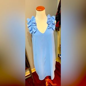 Light blue, entro brand, size medium, dress with ruffled shoulders.